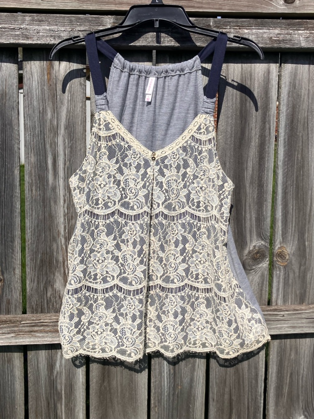 Xhilaration Cream Lace Front Navy-Trim Tank Top
